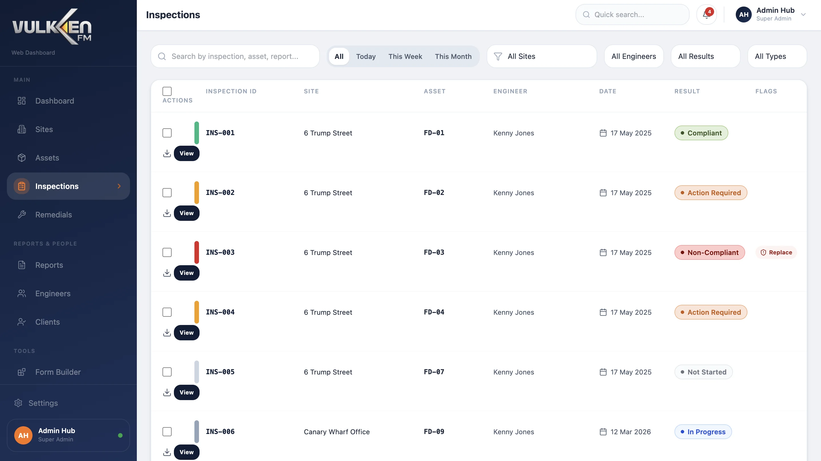 Vulken FM — список активов в веб-интерфейсе